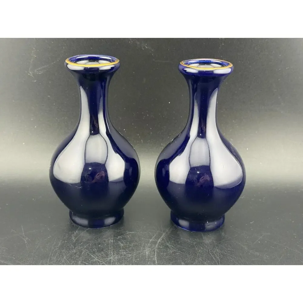 VTG Kutani Cobalt Blue Porcelain Vase, Pair